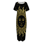 Black And Gold Celestial Sun Print Short Sleeve Long Nightdress