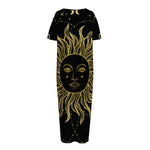 Black And Gold Celestial Sun Print Short Sleeve Long Nightdress