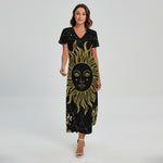 Black And Gold Celestial Sun Print Short Sleeve Maxi Dress