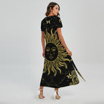 Black And Gold Celestial Sun Print Short Sleeve Maxi Dress