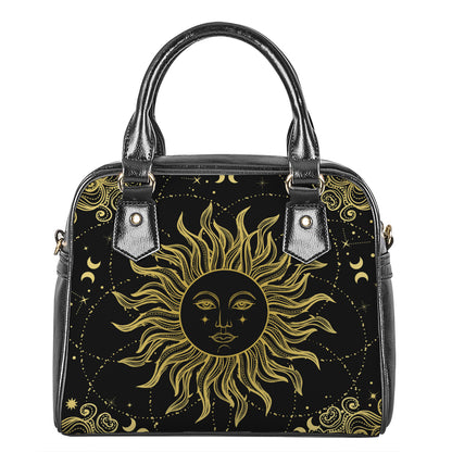 Black And Gold Celestial Sun Print Shoulder Handbag