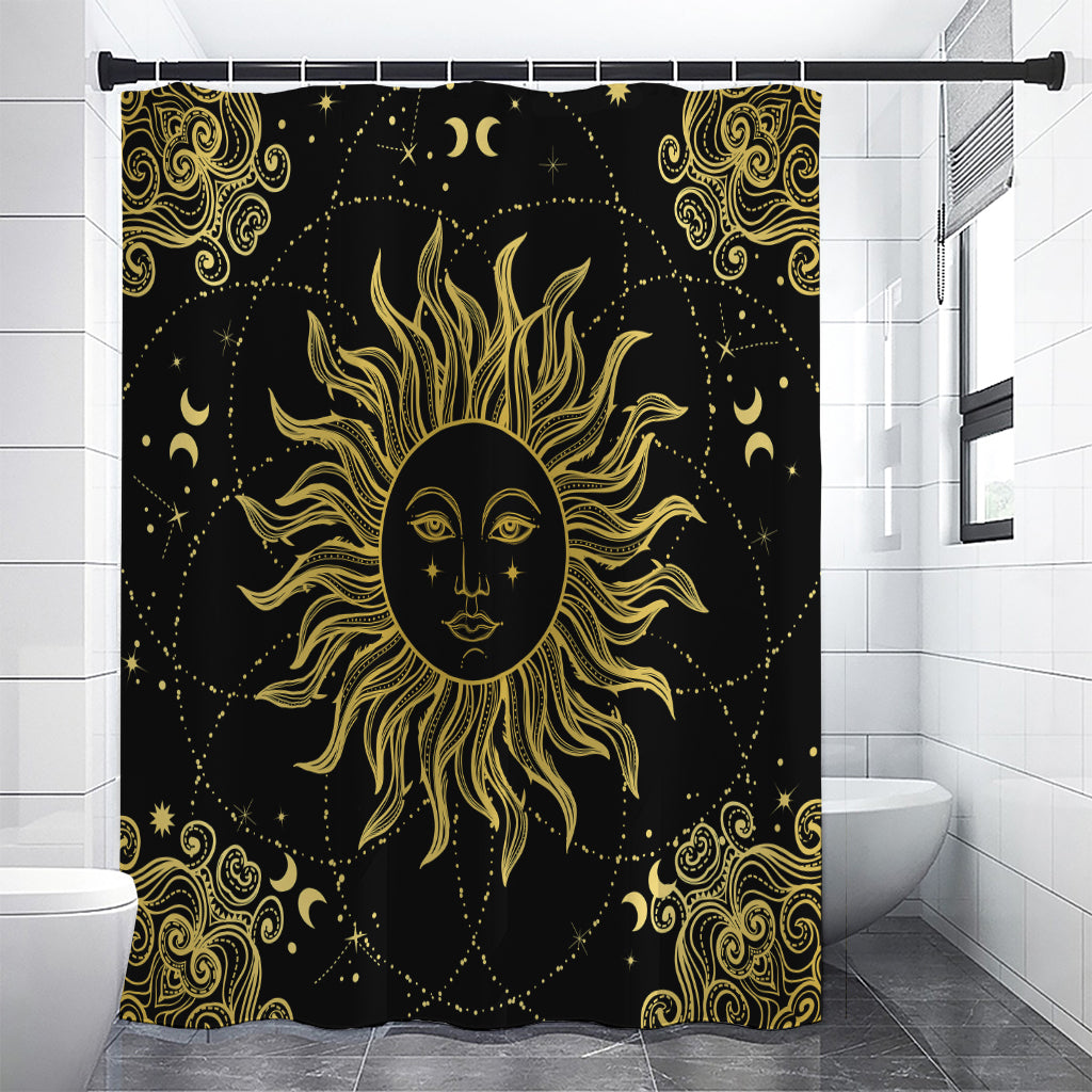 Black And Gold Celestial Sun Print Shower Curtain