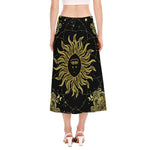 Black And Gold Celestial Sun Print Side Slit Midi Skirt