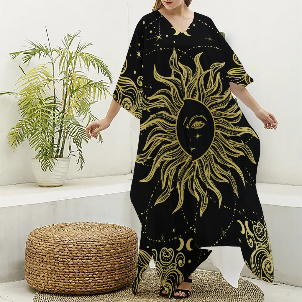 Black And Gold Celestial Sun Print Silk V-Neck Kaftan Dress