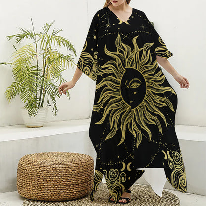 Black And Gold Celestial Sun Print Silk V-Neck Kaftan Dress