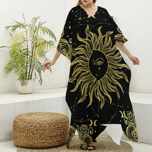 Black And Gold Celestial Sun Print Silk V-Neck Kaftan Dress