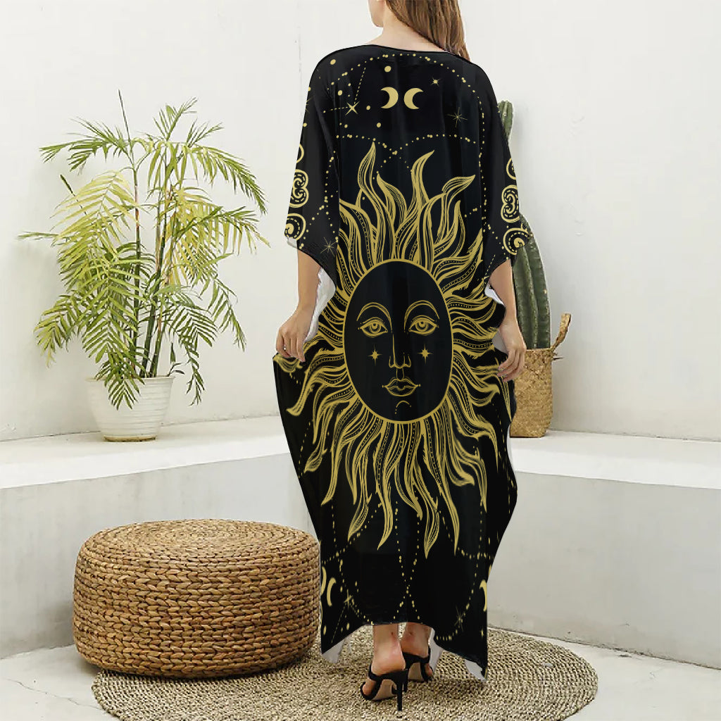 Black And Gold Celestial Sun Print Silk V-Neck Kaftan Dress