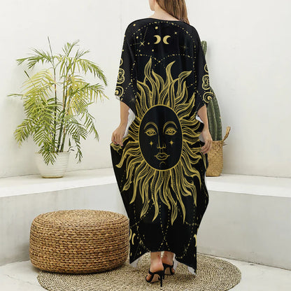 Black And Gold Celestial Sun Print Silk V-Neck Kaftan Dress