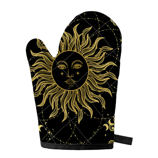 Black And Gold Celestial Sun Print Single Oven Mitt