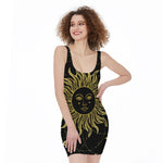 Black And Gold Celestial Sun Print Sleeveless Bodycon Dress