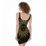 Black And Gold Celestial Sun Print Sleeveless Bodycon Dress