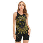 Black And Gold Celestial Sun Print Sleeveless One Piece Swimsuit