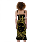 Black And Gold Celestial Sun Print Slim Fit Midi Cami Dress