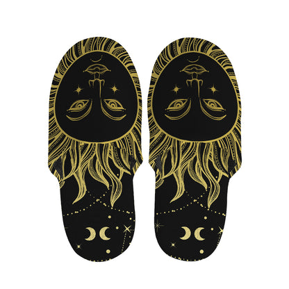 Black And Gold Celestial Sun Print Slippers