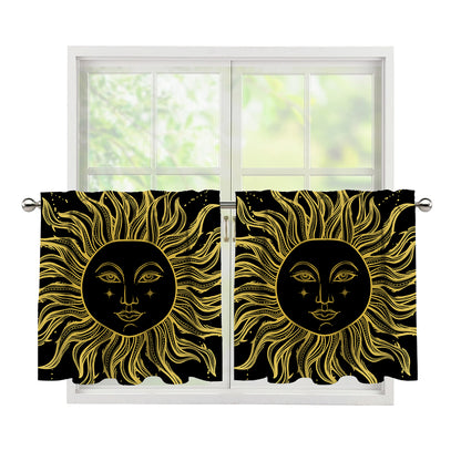 Black And Gold Celestial Sun Print Tier Curtains