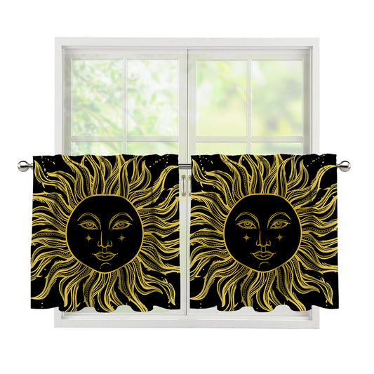 Black And Gold Celestial Sun Print Tier Curtains