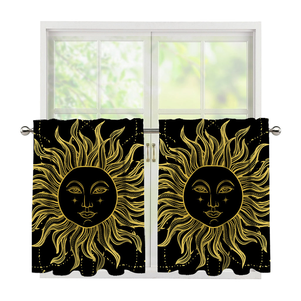 Black And Gold Celestial Sun Print Tier Curtains