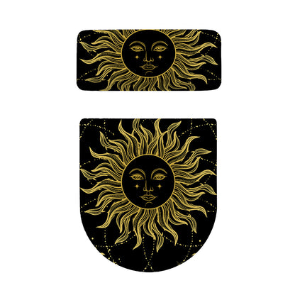Black And Gold Celestial Sun Print Toilet Lid And Tank Cover Set