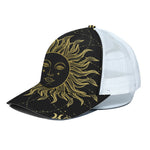 Black And Gold Celestial Sun Print White Mesh Trucker Cap