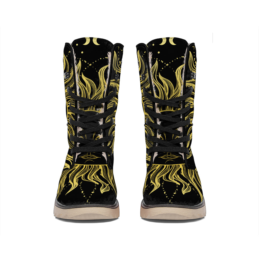 Black And Gold Celestial Sun Print Winter Boots