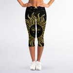 Black And Gold Celestial Sun Print Women's Capri Leggings