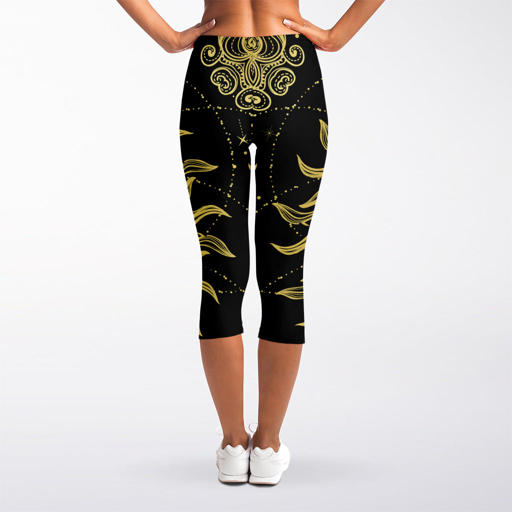 Black And Gold Celestial Sun Print Women's Capri Leggings