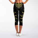 Black And Gold Celestial Sun Print Women's Capri Leggings