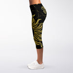Black And Gold Celestial Sun Print Women's Capri Leggings