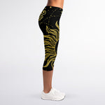 Black And Gold Celestial Sun Print Women's Capri Leggings
