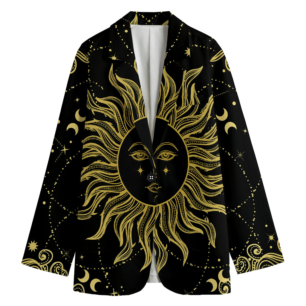 Black And Gold Celestial Sun Print Women's Cotton Blazer