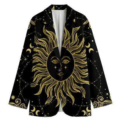 Black And Gold Celestial Sun Print Women's Cotton Blazer