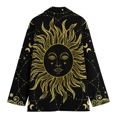 Black And Gold Celestial Sun Print Women's Cotton Blazer