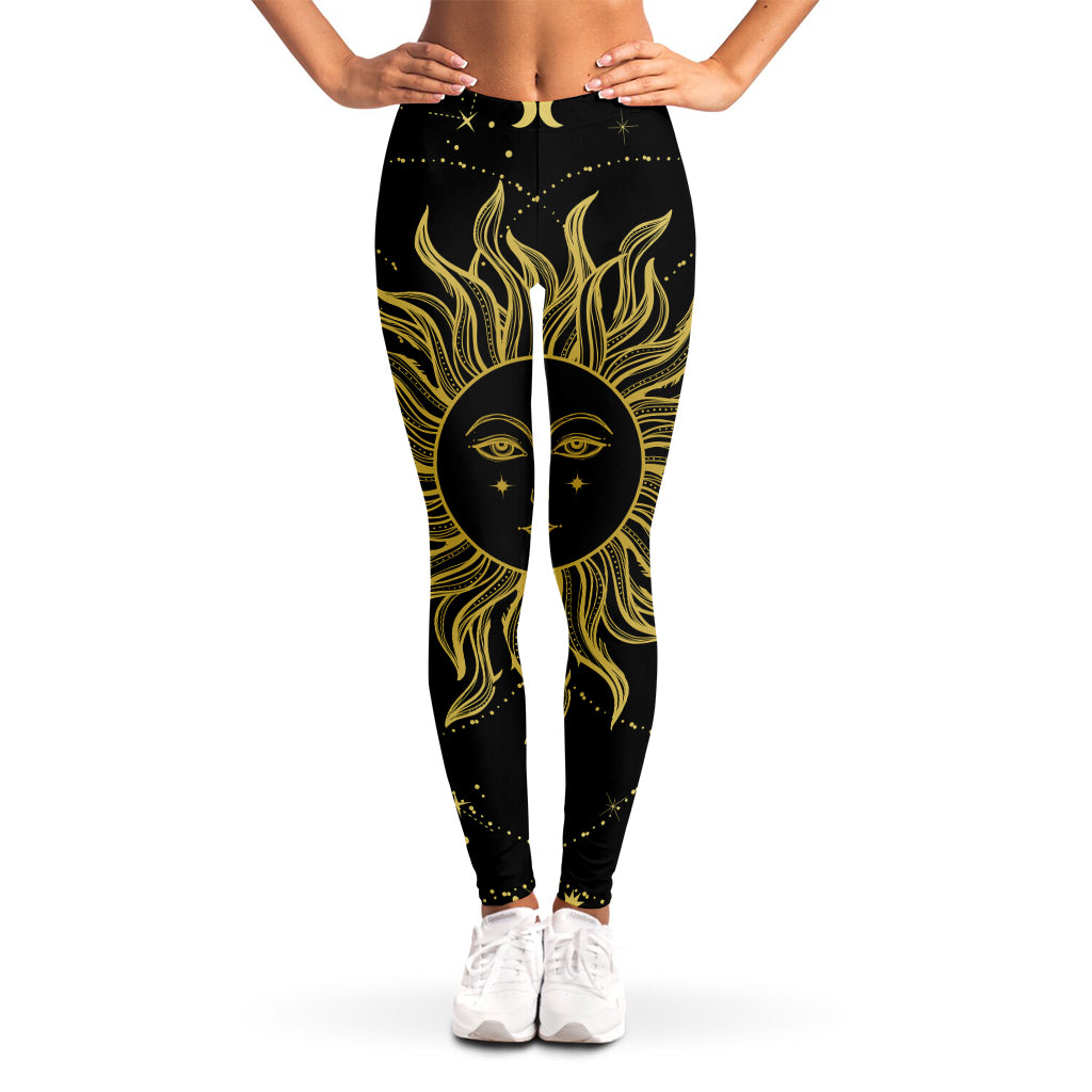 Black And Gold Celestial Sun Print Women's Leggings