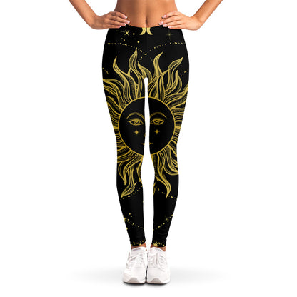 Black And Gold Celestial Sun Print Women's Leggings