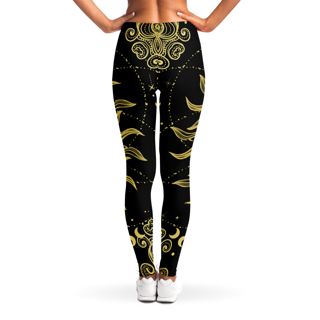 Black And Gold Celestial Sun Print Women's Leggings