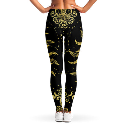 Black And Gold Celestial Sun Print Women's Leggings