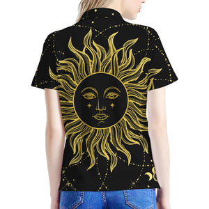 Black And Gold Celestial Sun Print Women's Polo Shirt