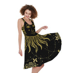 Black And Gold Celestial Sun Print Women's Sleeveless Dress