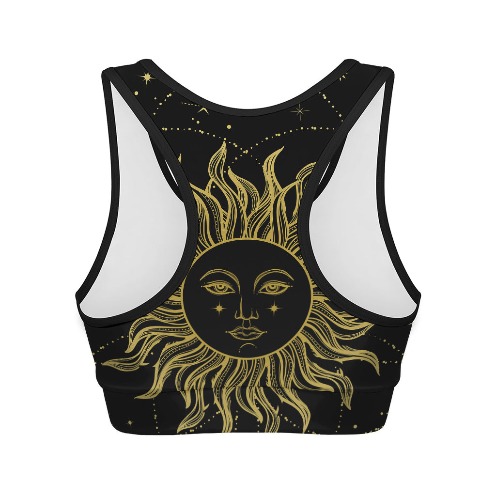 Black And Gold Celestial Sun Print Women's Sports Bra