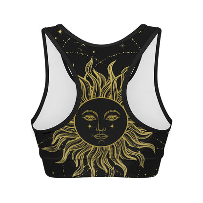 Black And Gold Celestial Sun Print Women's Sports Bra