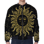 Black And Gold Celestial Sun Print Zip Sleeve Bomber Jacket