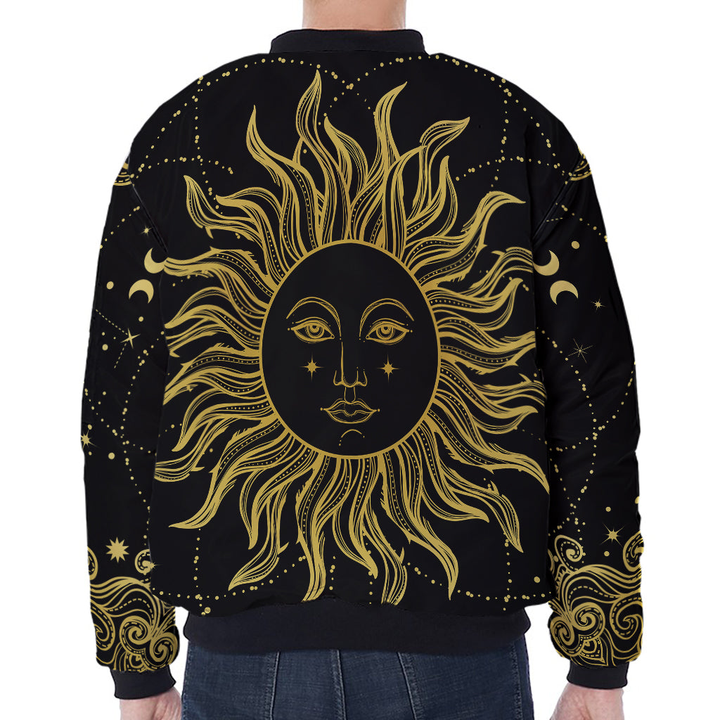Black And Gold Celestial Sun Print Zip Sleeve Bomber Jacket