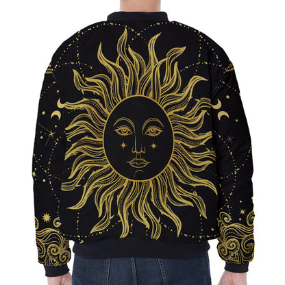 Black And Gold Celestial Sun Print Zip Sleeve Bomber Jacket
