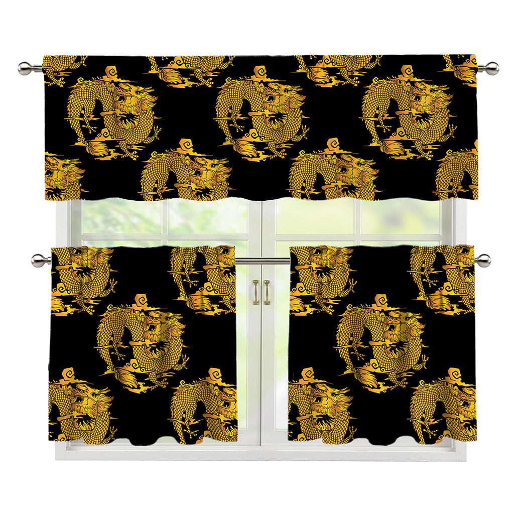 Black And Gold Dragon Pattern Print 3 Piece Kitchen Curtains