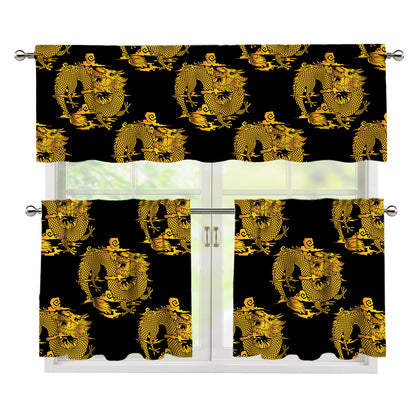 Black And Gold Dragon Pattern Print 3 Piece Kitchen Curtains