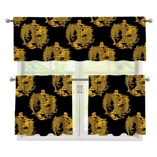 Black And Gold Dragon Pattern Print 3 Piece Kitchen Curtains