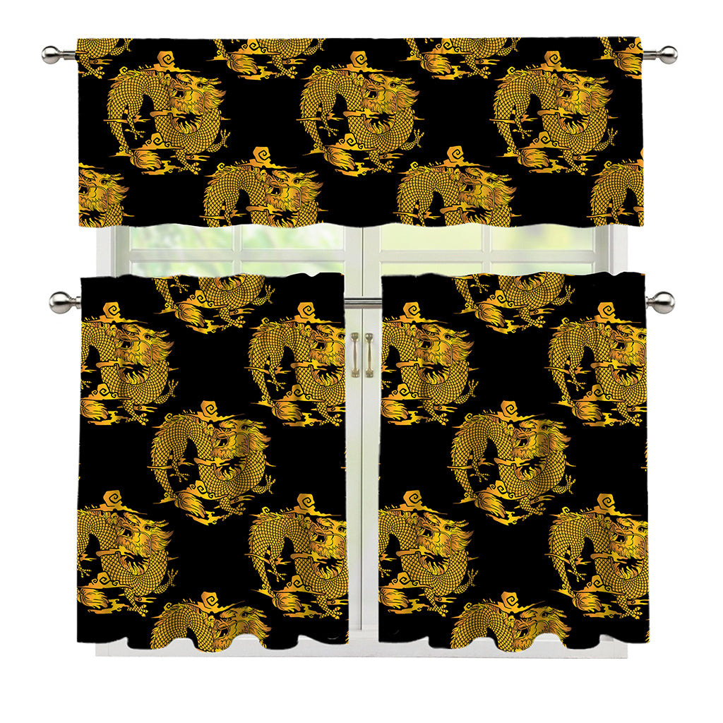 Black And Gold Dragon Pattern Print 3 Piece Kitchen Curtains
