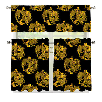 Black And Gold Dragon Pattern Print 3 Piece Kitchen Curtains