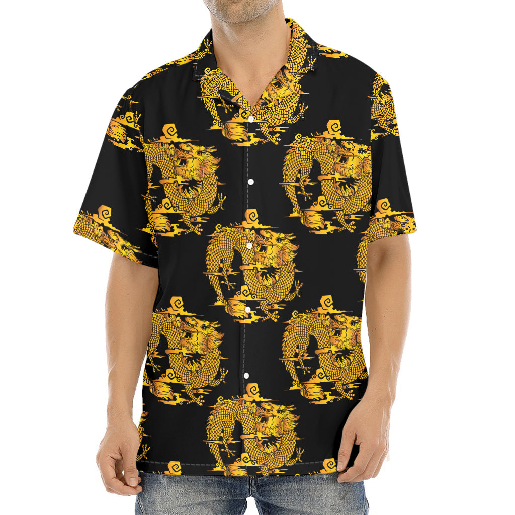Black And Gold Dragon Pattern Print Aloha Shirt