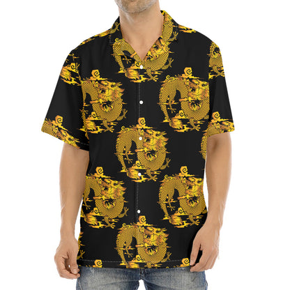 Black And Gold Dragon Pattern Print Aloha Shirt